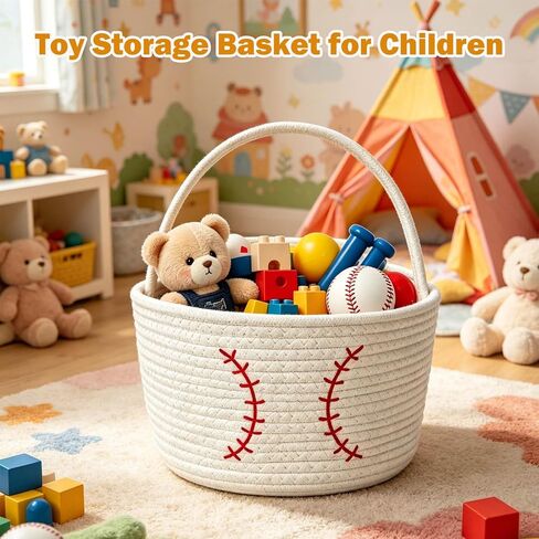 Baseball Cotton Rope Storage Basket with Handles, Small Woven Organizer Bin for Kids Toys, Nursery, Sports Gifts, Room Decor in Saudi Arabia