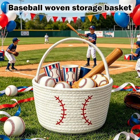 Baseball Cotton Rope Storage Basket with Handles, Small Woven Organizer Bin for Kids Toys, Nursery, Sports Gifts, Room Decor in Saudi Arabia