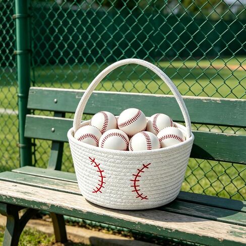Baseball Cotton Rope Storage Basket with Handles, Small Woven Organizer Bin for Kids Toys, Nursery, Sports Gifts, Room Decor in Saudi Arabia
