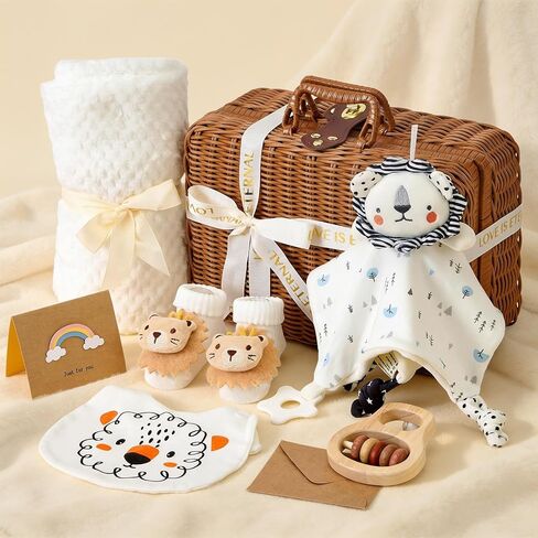 Baby Shower Gifts for Boys Girls Newborn Baby Gifts Basket with Lion Lovey/Blanket/Wooden Rattle/Socks/Bib/Suitcase, Gender Neutral New Born Essential Stuff Unisex Infant Gift Set for Baby Welcome Box in Kuwait
