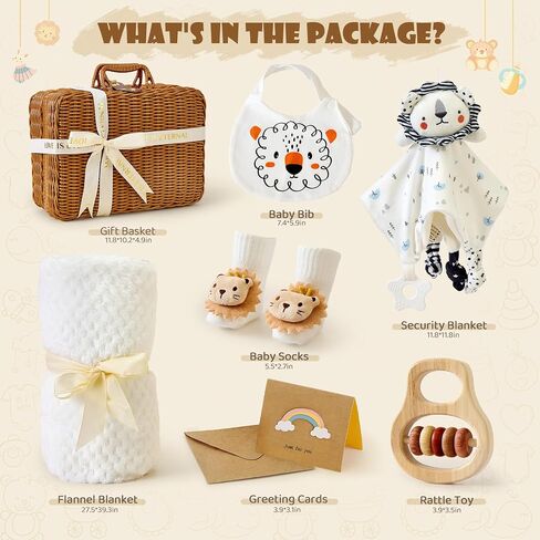 Baby Shower Gifts for Boys Girls Newborn Baby Gifts Basket with Lion Lovey/Blanket/Wooden Rattle/Socks/Bib/Suitcase, Gender Neutral New Born Essential Stuff Unisex Infant Gift Set for Baby Welcome Box in Kuwait