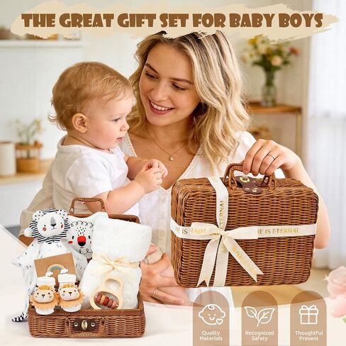 Baby Shower Gifts for Boys Girls Newborn Baby Gifts Basket with Lion Lovey/Blanket/Wooden Rattle/Socks/Bib/Suitcase, Gender Neutral New Born Essential Stuff Unisex Infant Gift Set for Baby Welcome Box in Kuwait