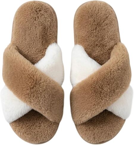Fuzzy Cross Band Slippers for Women Soft Plush Open Toe Faux Fur Cloud Comfort Indoor House Fashion Casual College Trendy Comfortable Cozy Warm Breathable Chic Fashionable Winter Holiday Gift in Saudi Arabia