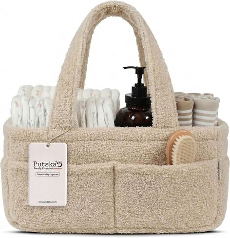 PUTSKA Baby Diaper Caddy Organizer, Nursery Basket, Cream Fleece in Saudi Arabia