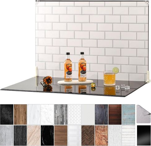 23 x 35 in Photo Backdrop Kit, 10 Sheets, 20 Patterns, Gloss Black Acrylic | Adds Mirror-Like Reflections and Depth to Food, Jewelry, Cosmetics and Other Product Photos and Videos in Saudi Arabia