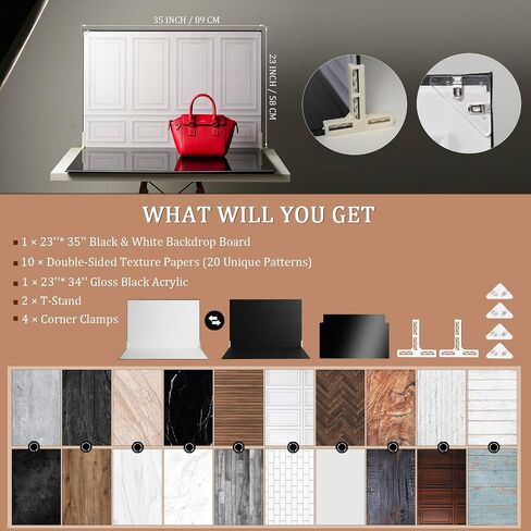 23 x 35 in Photo Backdrop Kit, 10 Sheets, 20 Patterns, Gloss Black Acrylic | Adds Mirror-Like Reflections and Depth to Food, Jewelry, Cosmetics and Other Product Photos and Videos in Saudi Arabia