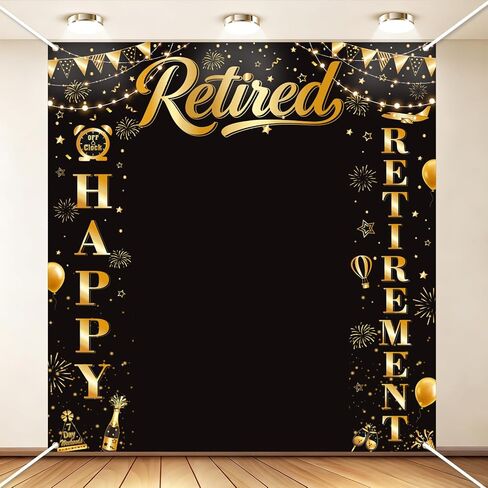 YTHETM Retirement Party Decorations Retirement Backdrop for Men Women Black Gold Happy Retirement Banner Photography Backdrop Happy Retirement Decorations 5.9 x 6.6 ft in Kuwait