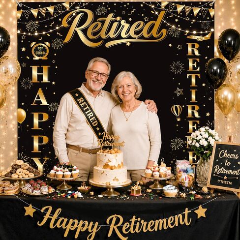 YTHETM Retirement Party Decorations Retirement Backdrop for Men Women Black Gold Happy Retirement Banner Photography Backdrop Happy Retirement Decorations 5.9 x 6.6 ft in Kuwait