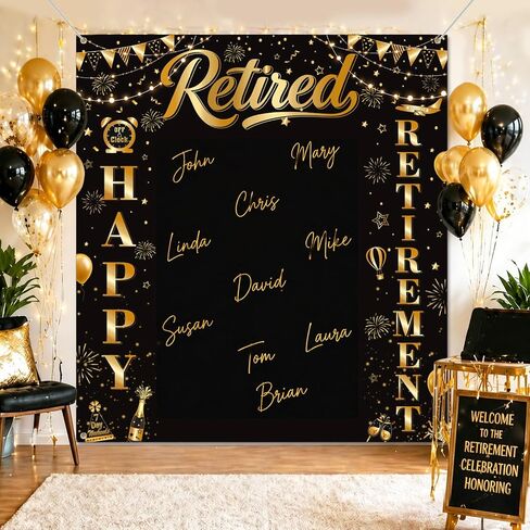 YTHETM Retirement Party Decorations Retirement Backdrop for Men Women Black Gold Happy Retirement Banner Photography Backdrop Happy Retirement Decorations 5.9 x 6.6 ft in Kuwait