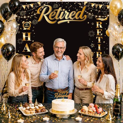 YTHETM Retirement Party Decorations Retirement Backdrop for Men Women Black Gold Happy Retirement Banner Photography Backdrop Happy Retirement Decorations 5.9 x 6.6 ft in Kuwait