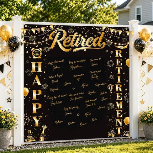YTHETM Retirement Party Decorations Retirement Backdrop for Men Women Black Gold Happy Retirement Banner Photography Backdrop Happy Retirement Decorations 5.9 x 6.6 ft in Kuwait