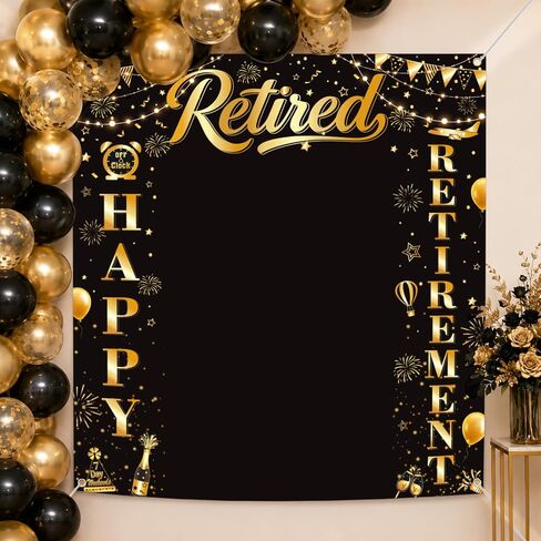 YTHETM Retirement Party Decorations Retirement Backdrop for Men Women Black Gold Happy Retirement Banner Photography Backdrop Happy Retirement Decorations 5.9 x 6.6 ft in Kuwait