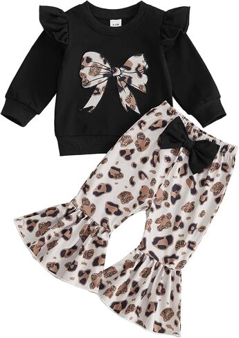 fhutpw Toddler Baby Girl Clothes Leopard Bow Sweatshirt Bell Bottom Pants | Baby Girl Fall Outfits 6 12 18 24 Months 2T 3T 4T Cute Fashion Winter Clothes Casual Daily Wear Family Photos in Kuwait