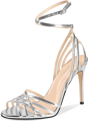HOCHFART Silver Heels for Women High Heels Strappy Slingback Sandals Lace up Sexy Stiletto Heeled Open Square Toe Party Summer Dress Shoes Size 8.5 in Saudi Arabia