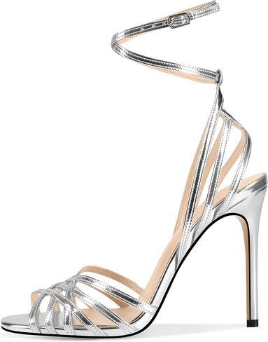 HOCHFART Silver Heels for Women High Heels Strappy Slingback Sandals Lace up Sexy Stiletto Heeled Open Square Toe Party Summer Dress Shoes Size 8.5 in Saudi Arabia