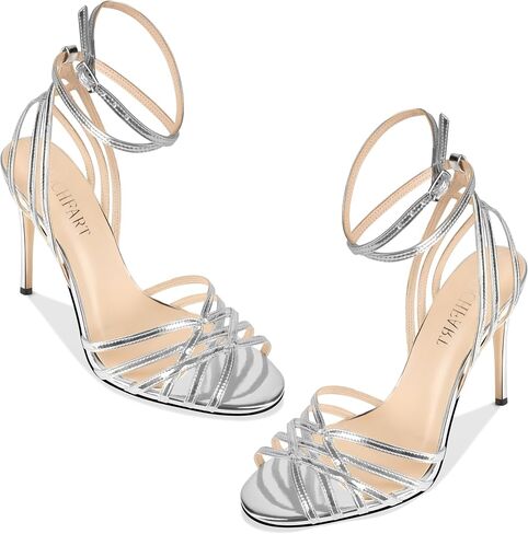 HOCHFART Silver Heels for Women High Heels Strappy Slingback Sandals Lace up Sexy Stiletto Heeled Open Square Toe Party Summer Dress Shoes Size 8.5 in Saudi Arabia