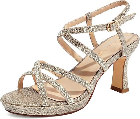 Women's Sparkly Rhinestone Platform Sandals Chunky Block Heel Open Toe Ankle Strap Comfortable High Heels for Wedding Party Prom Evening Dress Shoes (7 M US, Gold) in Kuwait