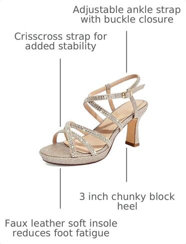 Women's Sparkly Rhinestone Platform Sandals Chunky Block Heel Open Toe Ankle Strap Comfortable High Heels for Wedding Party Prom Evening Dress Shoes (7 M US, Gold) in Kuwait
