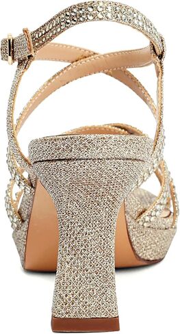 Women's Sparkly Rhinestone Platform Sandals Chunky Block Heel Open Toe Ankle Strap Comfortable High Heels for Wedding Party Prom Evening Dress Shoes (7 M US, Gold) in Kuwait