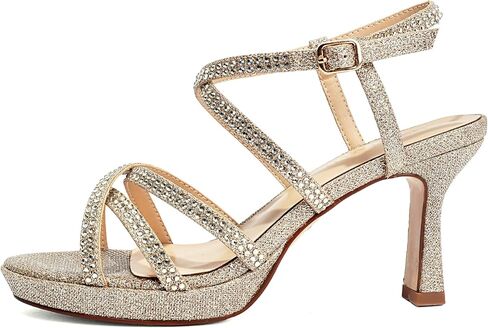 Women's Sparkly Rhinestone Platform Sandals Chunky Block Heel Open Toe Ankle Strap Comfortable High Heels for Wedding Party Prom Evening Dress Shoes (7 M US, Gold) in Kuwait
