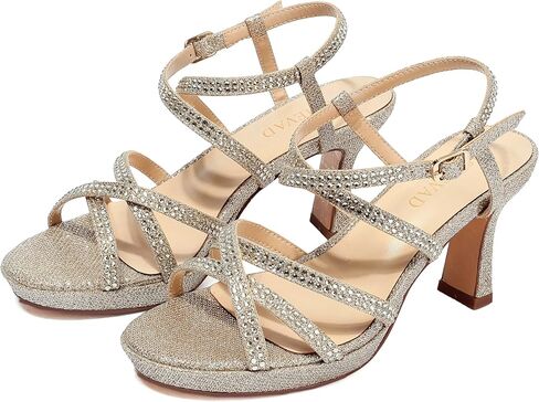 Women's Sparkly Rhinestone Platform Sandals Chunky Block Heel Open Toe Ankle Strap Comfortable High Heels for Wedding Party Prom Evening Dress Shoes (7 M US, Gold) in Kuwait