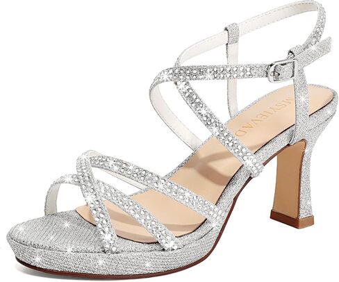 Women's Sparkly Rhinestone Platform Sandals Chunky Block Heel Open Toe Ankle Strap Comfortable High Heels for Wedding Party Prom Evening Dress Shoes (10 M US, Silver) in Kuwait