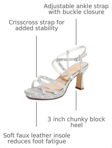 Women's Sparkly Rhinestone Platform Sandals Chunky Block Heel Open Toe Ankle Strap Comfortable High Heels for Wedding Party Prom Evening Dress Shoes (10 M US, Silver) in Kuwait
