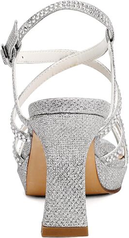 Women's Sparkly Rhinestone Platform Sandals Chunky Block Heel Open Toe Ankle Strap Comfortable High Heels for Wedding Party Prom Evening Dress Shoes (10 M US, Silver) in Kuwait