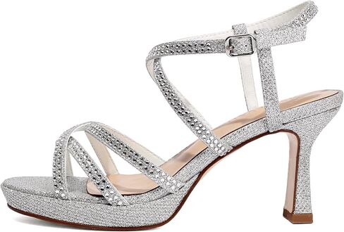 Women's Sparkly Rhinestone Platform Sandals Chunky Block Heel Open Toe Ankle Strap Comfortable High Heels for Wedding Party Prom Evening Dress Shoes (10 M US, Silver) in Kuwait