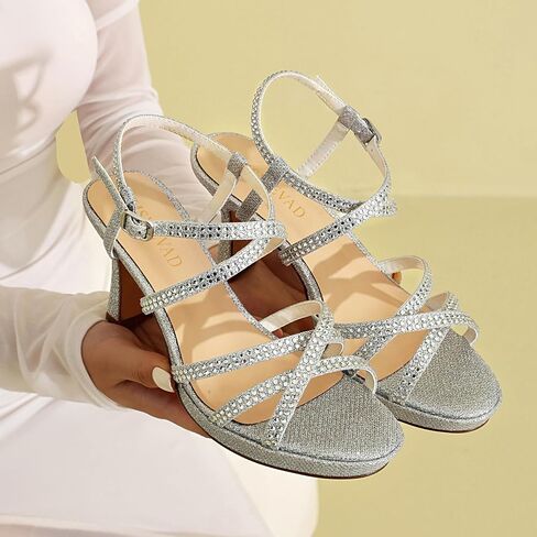 Women's Sparkly Rhinestone Platform Sandals Chunky Block Heel Open Toe Ankle Strap Comfortable High Heels for Wedding Party Prom Evening Dress Shoes (10 M US, Silver) in Kuwait
