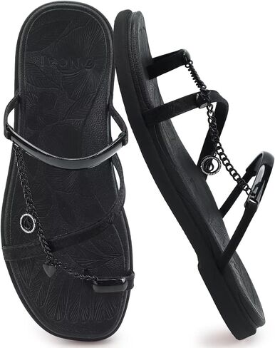 ONCAI Women's Flat Sandals Toe-loop Strappy Square Open Toe Slip on Fashion Dressy Slide Sandal for Woman 2026 Black Size 7 Summer Beach Casual Comfort Lightweight Outdoor Sole Slides Shoes in Saudi Arabia