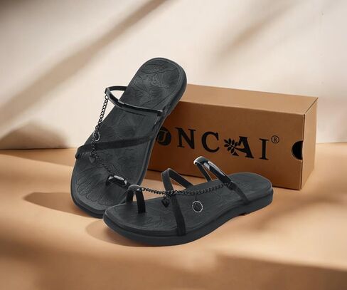 ONCAI Women's Flat Sandals Toe-loop Strappy Square Open Toe Slip on Fashion Dressy Slide Sandal for Woman 2026 Black Size 7 Summer Beach Casual Comfort Lightweight Outdoor Sole Slides Shoes in Saudi Arabia