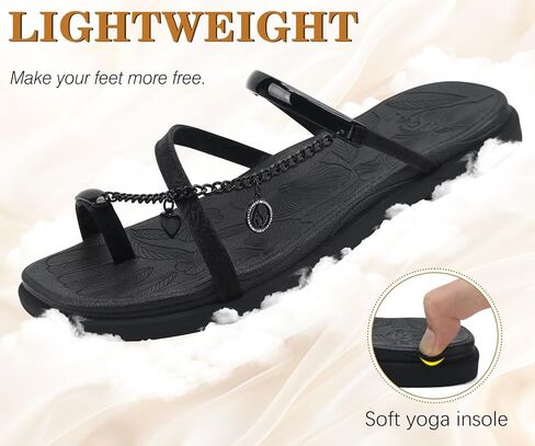 ONCAI Women's Flat Sandals Toe-loop Strappy Square Open Toe Slip on Fashion Dressy Slide Sandal for Woman 2026 Black Size 7 Summer Beach Casual Comfort Lightweight Outdoor Sole Slides Shoes in Saudi Arabia