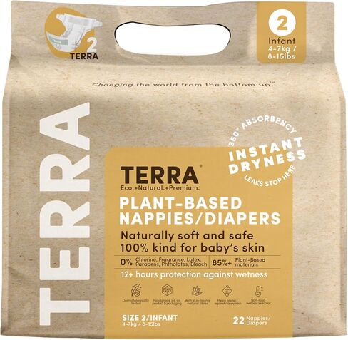 Terra Diapers Size 2: 85% Plant-Based Diapers, Ultra-Soft & Chemical-Free for Sensitive Skin, Superior Absorbency for Day or Nighttime Diapers, Designed for Babies 8-15 Pounds, 22 Count in Saudi Arabia