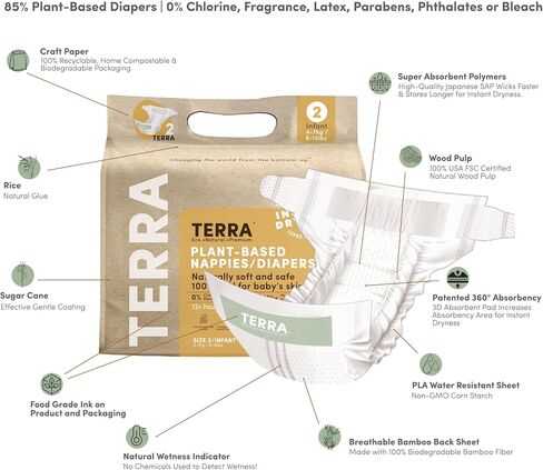Terra Diapers Size 2: 85% Plant-Based Diapers, Ultra-Soft & Chemical-Free for Sensitive Skin, Superior Absorbency for Day or Nighttime Diapers, Designed for Babies 8-15 Pounds, 22 Count in Saudi Arabia