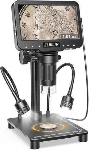 Elikliv Coin Microscope with Weighing Scale, Digital Magnifier 8+2 Lights | 4.3" Screen, 0.1s Fast Reading, Camera & Video, USB PC View, Jewelry Magnifying Glass, Coin Collection supply For Error Coins in Saudi Arabia