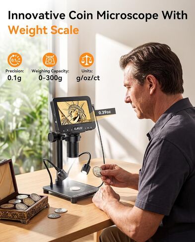 Elikliv Coin Microscope with Weighing Scale, Digital Magnifier 8+2 Lights | 4.3" Screen, 0.1s Fast Reading, Camera & Video, USB PC View, Jewelry Magnifying Glass, Coin Collection supply For Error Coins in Saudi Arabia