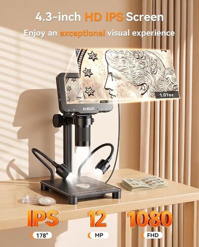 Elikliv Coin Microscope with Weighing Scale, Digital Magnifier 8+2 Lights | 4.3" Screen, 0.1s Fast Reading, Camera & Video, USB PC View, Jewelry Magnifying Glass, Coin Collection supply For Error Coins in Saudi Arabia
