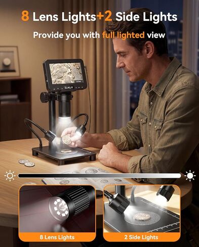 Elikliv Coin Microscope with Weighing Scale, Digital Magnifier 8+2 Lights | 4.3" Screen, 0.1s Fast Reading, Camera & Video, USB PC View, Jewelry Magnifying Glass, Coin Collection supply For Error Coins in Saudi Arabia