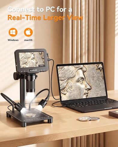 Elikliv Coin Microscope with Weighing Scale, Digital Magnifier 8+2 Lights | 4.3" Screen, 0.1s Fast Reading, Camera & Video, USB PC View, Jewelry Magnifying Glass, Coin Collection supply For Error Coins in Saudi Arabia