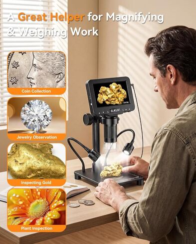 Elikliv Coin Microscope with Weighing Scale, Digital Magnifier 8+2 Lights | 4.3" Screen, 0.1s Fast Reading, Camera & Video, USB PC View, Jewelry Magnifying Glass, Coin Collection supply For Error Coins in Saudi Arabia
