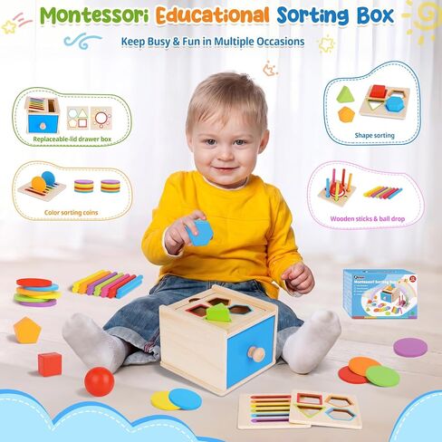 FCSONU Montessori Shape Sorters Toys for Toddler 1-3|Fine Motor Skills Toys | 3in1 Sorting Box | Coin Box Toy, Learning Color Sorting Toys Sensory Toys, Easter Christmas Birthday Gifts for Boys Girls Kid in Saudi Arabia