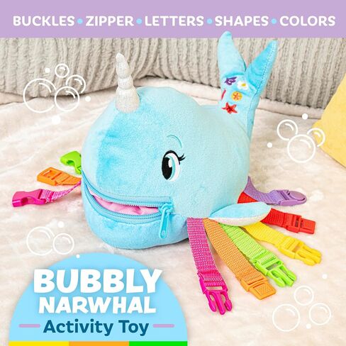 Buckle Toys, Bubbly Narwhal Plush Learning Toy, Develop Fine Motor Skills | Montessori Learning Activity Travel Toy for Toddlers, Develop Motor Skills and Problem Solving in Kuwait