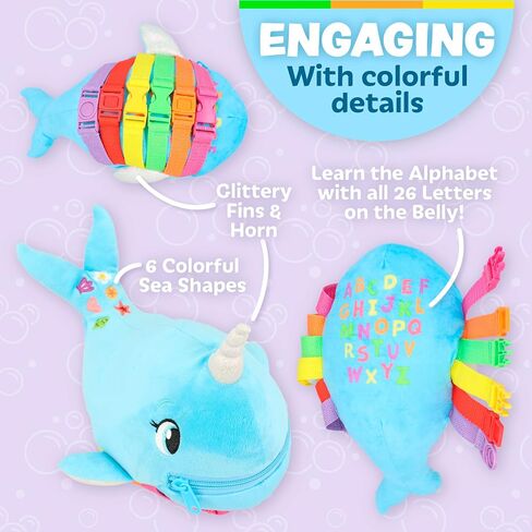 Buckle Toys, Bubbly Narwhal Plush Learning Toy, Develop Fine Motor Skills | Montessori Learning Activity Travel Toy for Toddlers, Develop Motor Skills and Problem Solving in Kuwait