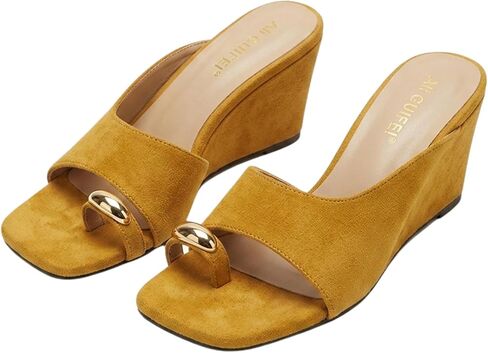 Women's Suede Wedge Sandals with Metal Ring Square Toe Ring High Heel Mules 6cm Platform Slide Sandals Summer Party Dress Shoes in Saudi Arabia
