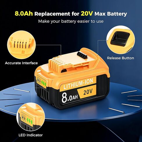 4 عبوات بديلة حقيقية بقدرة 8000 مللي أمبير في الساعة لبطارية DWalt 20V Max ذات السعة العالية | متوافق مع أدوات الطاقة اللاسلكية من سلسلة DWalt DCB200 DCB201 DCB203 DCB204 DCB206 DCB207 DCB208 مع مؤشر LED in Kuwait