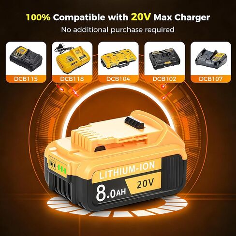 4 عبوات بديلة حقيقية بقدرة 8000 مللي أمبير في الساعة لبطارية DWalt 20V Max ذات السعة العالية | متوافق مع أدوات الطاقة اللاسلكية من سلسلة DWalt DCB200 DCB201 DCB203 DCB204 DCB206 DCB207 DCB208 مع مؤشر LED in Kuwait