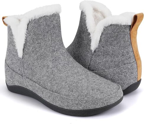 ERGOfoot Slipper Boots With Arch Support for Women Men, Comfy Plantar Fasciitis Orthopedic Slippers for Indoor Outdoor, Wool Felt Slipper Booties with Warm Cozy Plush Faux Fur Lining/Grey W11/M10 in Kuwait