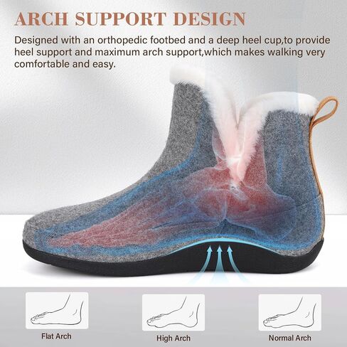 ERGOfoot Slipper Boots With Arch Support for Women Men, Comfy Plantar Fasciitis Orthopedic Slippers for Indoor Outdoor, Wool Felt Slipper Booties with Warm Cozy Plush Faux Fur Lining/Grey W11/M10 in Kuwait