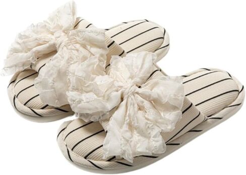 Cute 3D Ruffle Bow Slippers for Women Striped Open Toe Soft Sole Slipper Non Slip Indoor Outdoor Home Slippers in Saudi Arabia